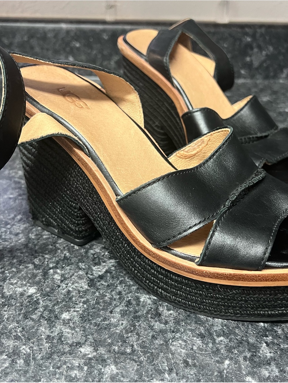 UGG Black Leather Platform Sandal with Tan Insole